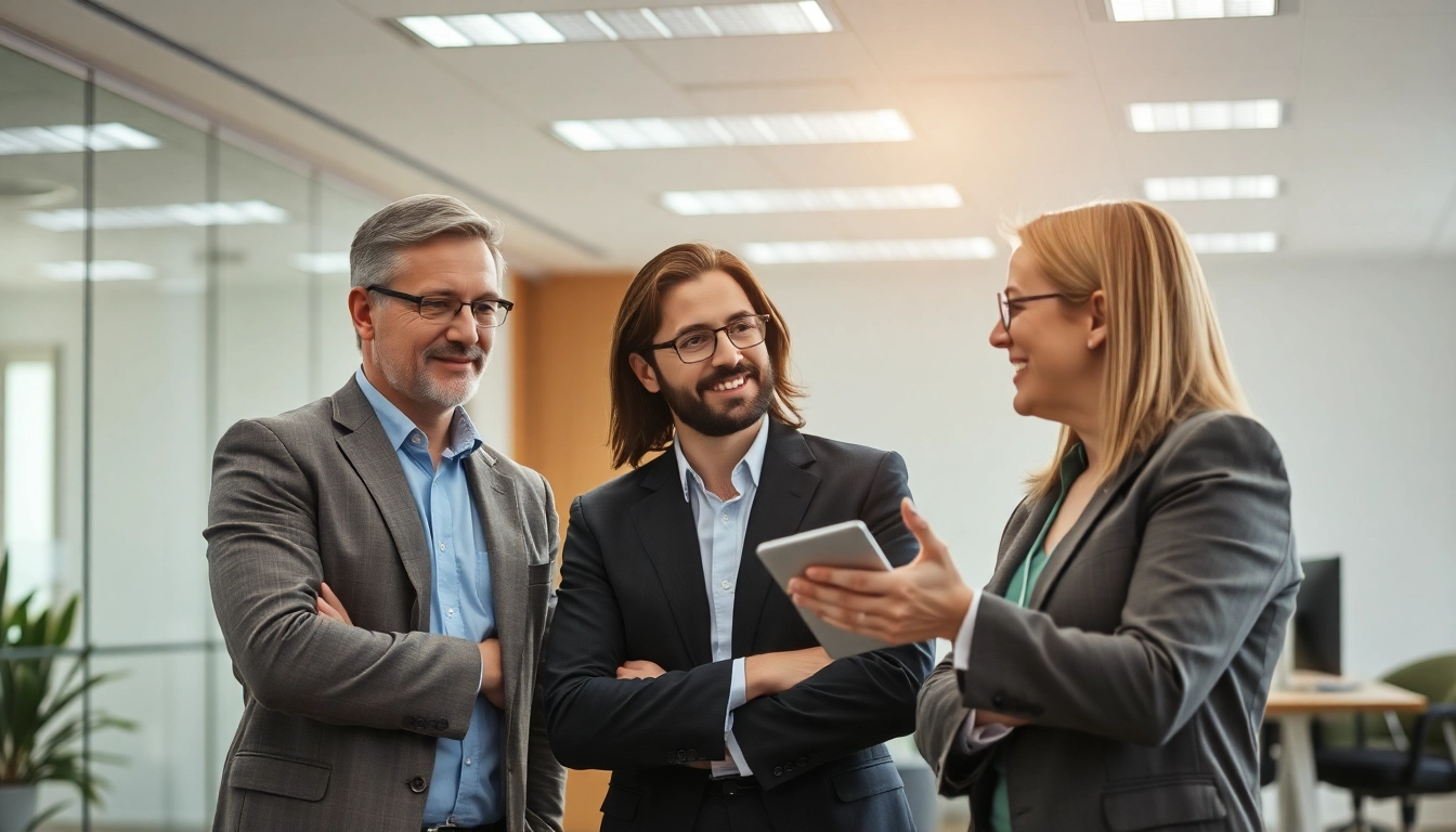 Unternehmensberatungssitzung, die einem Kunden bei der Problemlösung hilft, zeigt Teamarbeit vor einem modernen Büro.