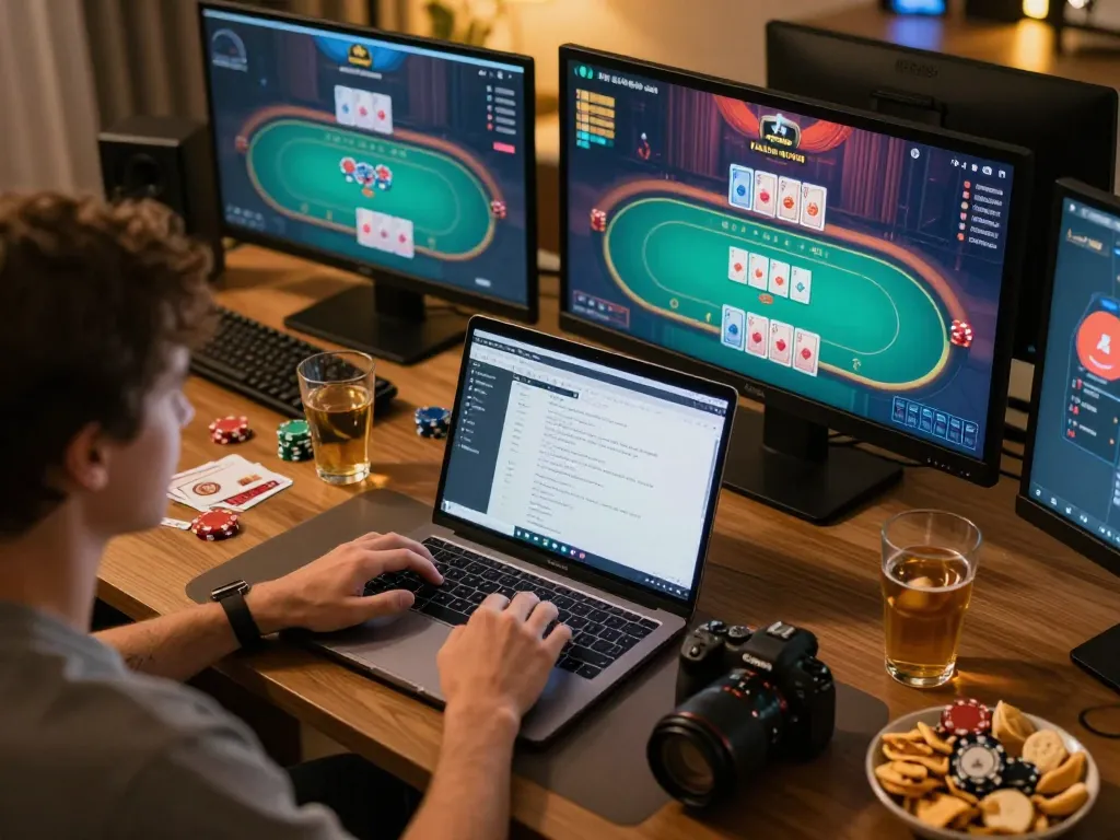 Player using MK8 online poker platform at home, focused on strategy and digital gaming.