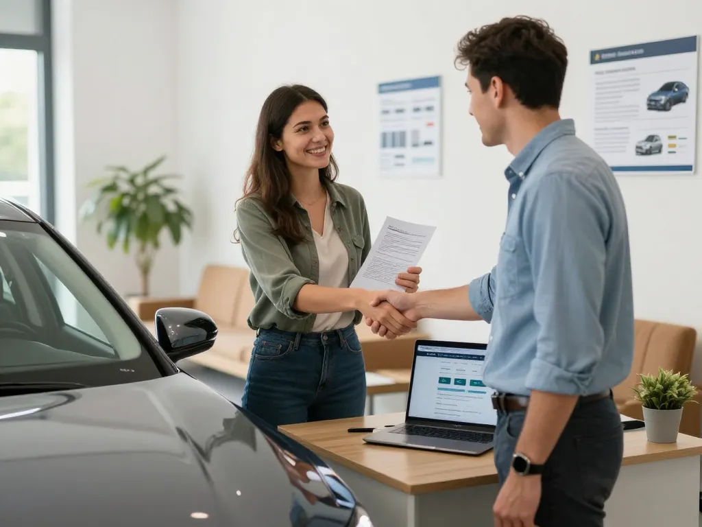 Auto Ankauf Service, der einen glücklichen Kunden zeigt, der einem Vertreter die Hand schüttelt, und Vertrauen sowie Zufriedenheit verkörpert.