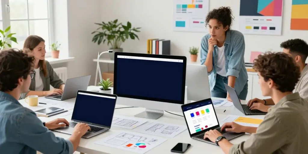Webdesign Saarland - Kreatives Team von Webdesignern bei der Arbeit in modernem Studio, das kreative Energie ausstrahlt.