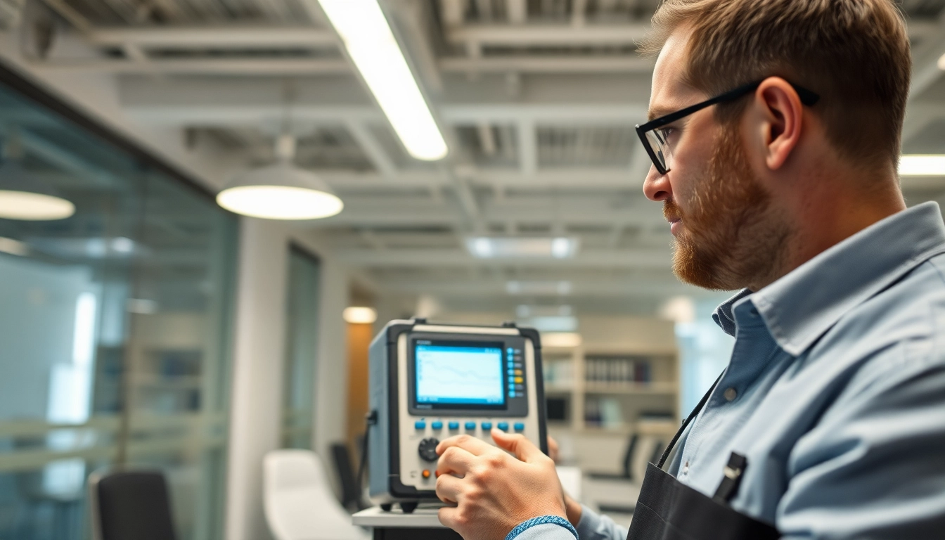 Professionelle Prüfung ortsveränderlicher elektrischer Betriebsmittel durch einen Elektrofachmann in einem modernen Büro.