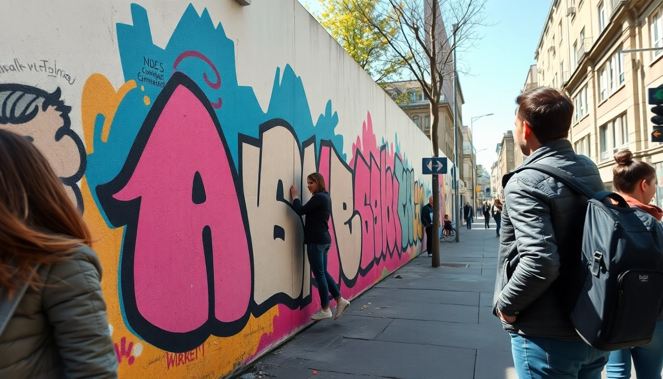 Erlebe Graffiti Frankfurt: Ein Künstler gestaltet ein beeindruckendes Wandgemälde in einer lebendigen Straßenszene.