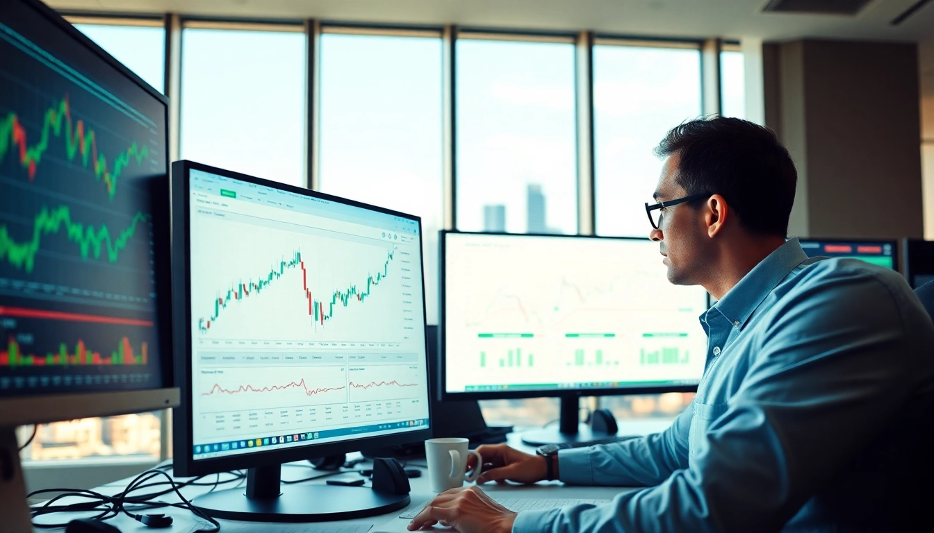 Aktien Research: Analyst evaluating stock trends with multiple monitors in a dynamic office.