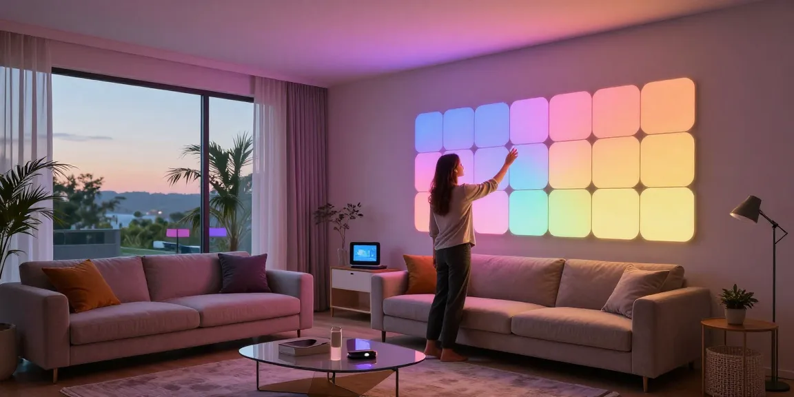 Nanoleaf Skylight Test illuminating a modern living room with vibrant colors and smart design.