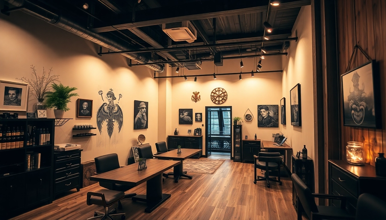 Tattoo Studio München – Interieur eines professionellen Tattoo Studios mit einzigartigen Kunstwerken und warmem Licht.