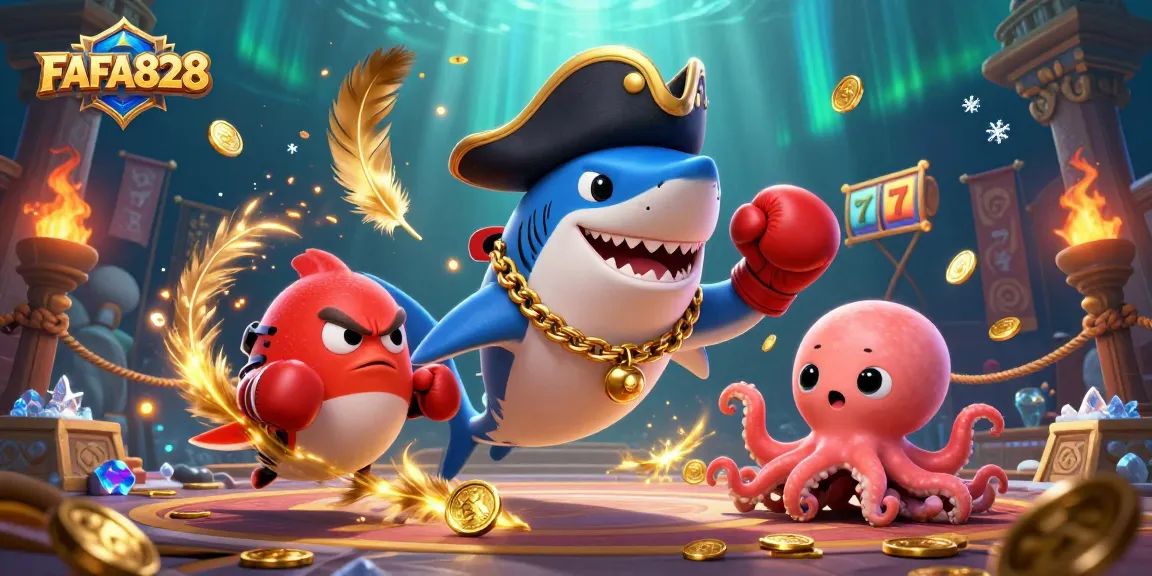 Join the FAFA828 adventure with thrilling casino elements featuring a pirate shark, pufferfish, and octopus.