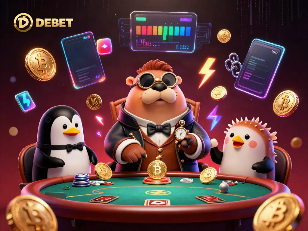 Experience thrilling poker action with DEBET in an underwater casino scene featuring a walrus, penguin dealer, and pufferfish player.