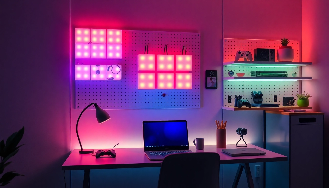 Nanoleaf Block Test showcasing a modern workspace with ambient RGB lighting and organized accessories.