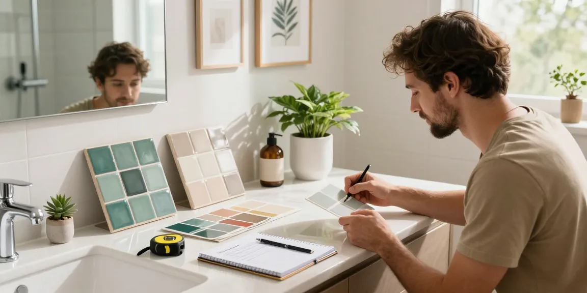 Stijlvolle ontwerper die tegels badkamer monsters selecteert in een elegante badkamer