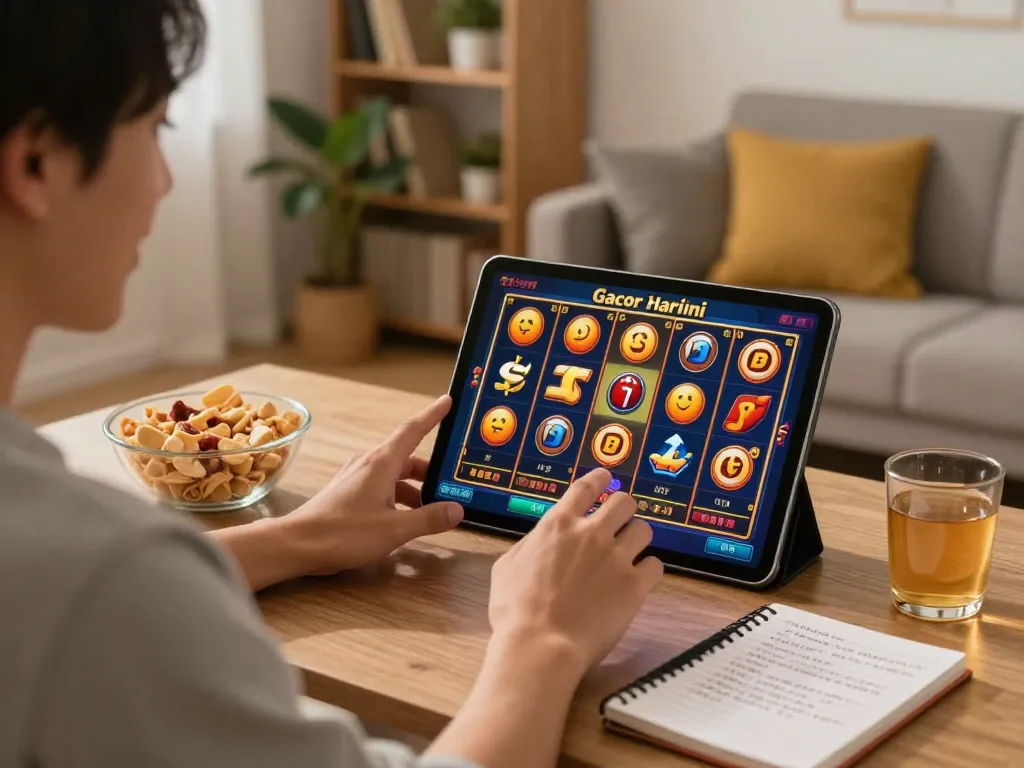 Engaging gameplay of slot gacor hari ini on a tablet, showing colorful reels aligning as player enjoys a home gaming session.