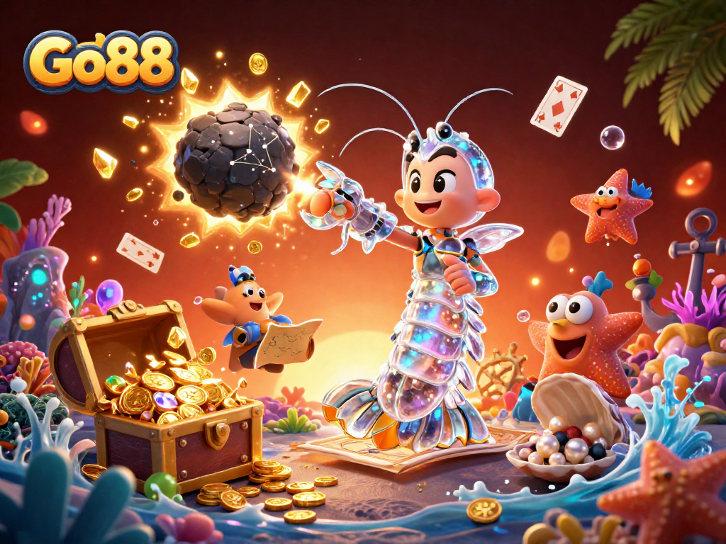 Experience thrill at Go88 with a galactic samurai mantis shrimp amidst exploding treasures.