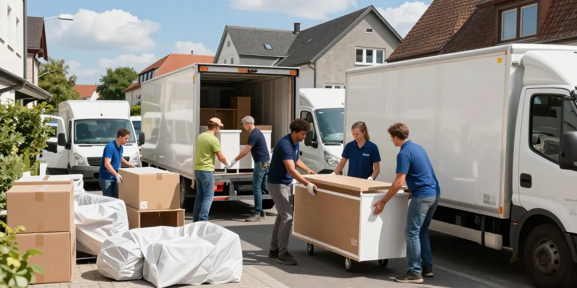 Umzugsunternehmen Darmstadt in Aktion, professionelle Umzugshelfer transportieren Möbel und Kartons sicher.