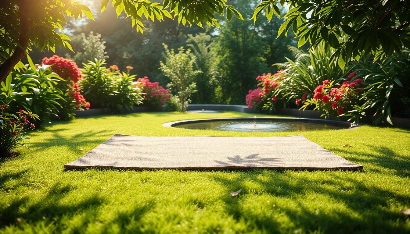 Hanfmatte in einem ruhigen Garten, umgeben von Blumen und Wasserfeatures.
