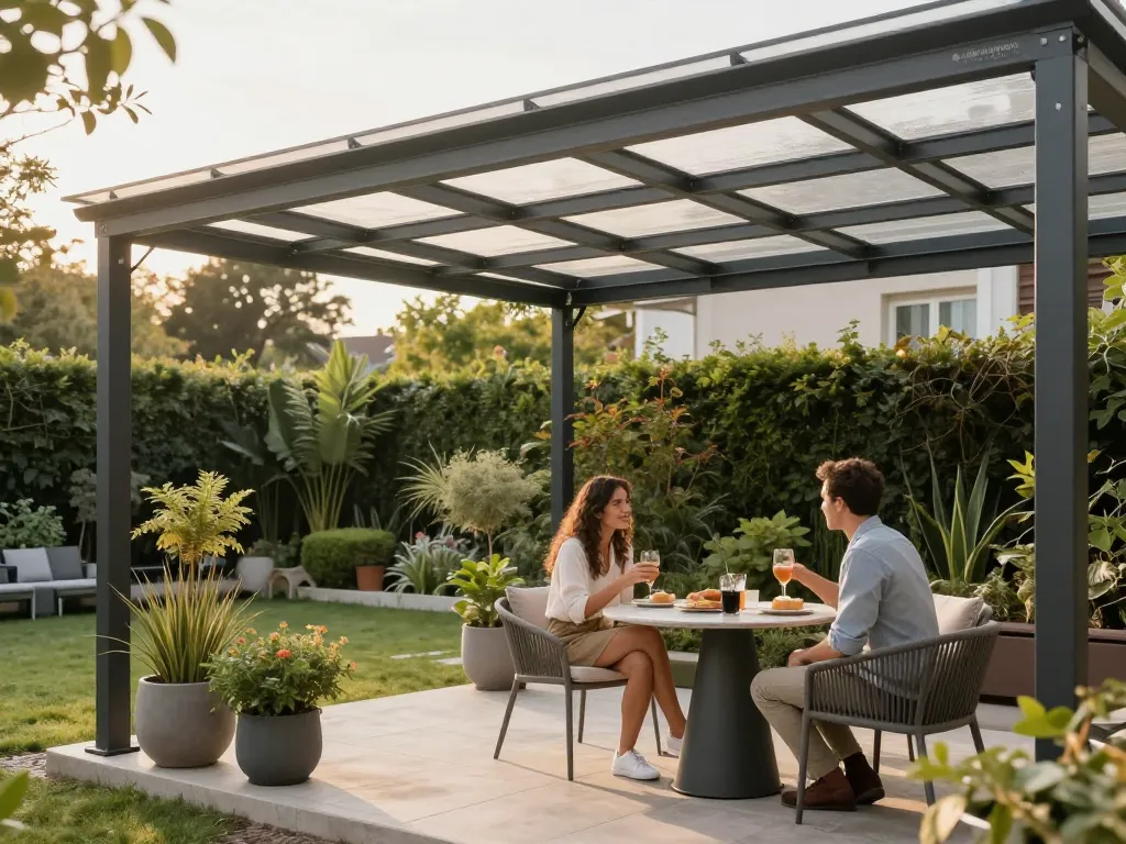 Stilvolle Außen terrasse mit einer Terrassenüberdachung, die Schatten über einem Paar bietet, das Erfrischungen inmitten einer wunderschönen Gartenlandschaft genießt.