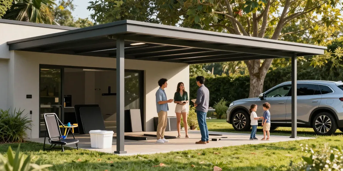 Moderne Carport-Struktur mit Familie bei der Auswahl, Werkzeuge im Vordergrund.