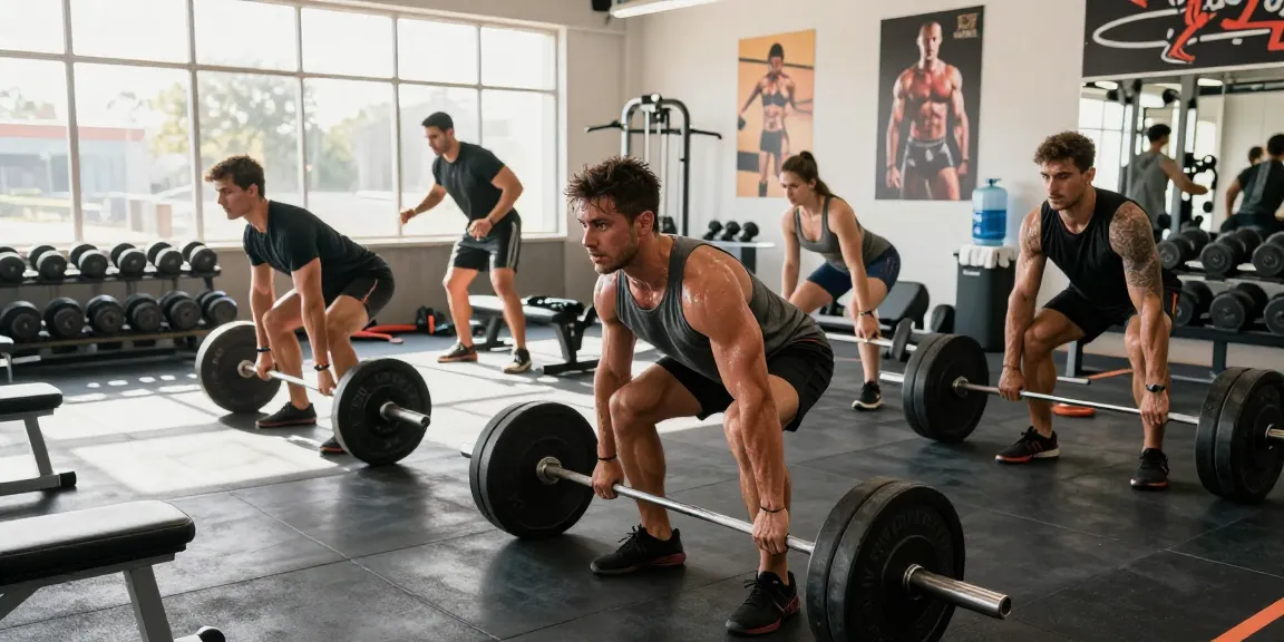 Kraftsportler trainieren im Steroidshop-Fitnessstudio und konzentrieren sich auf Muskelaufbau mit Gewichten und Fitnessgeräten in einer lebhaften Umgebung.