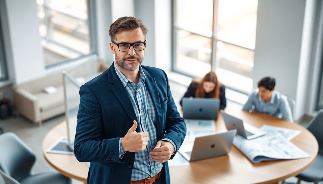 Headhunter Ingenieure engagiert in einem modernen Bürosetting mit Ingenieuren am runden Tisch.