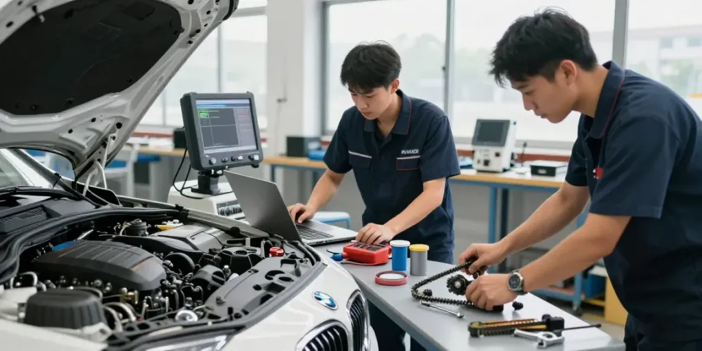 Professionelle BMW Werkstatt in Hannover mit Technikern bei der Arbeit an Motor und Fahrzeugreparatur