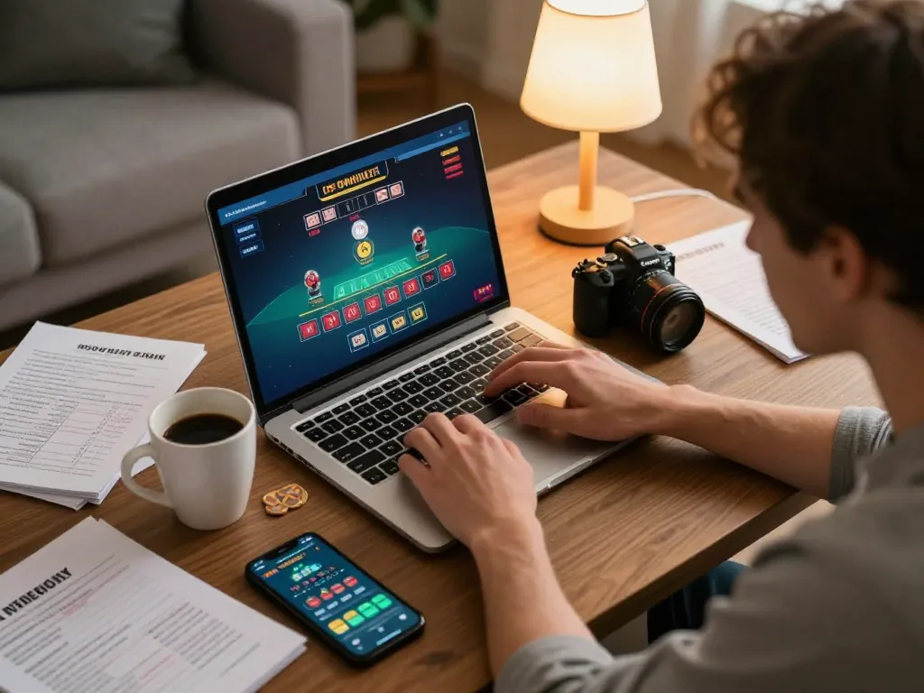 Plagiat scannen online during live blackjack game, highlighting strategic gaming setup and cozy atmosphere.