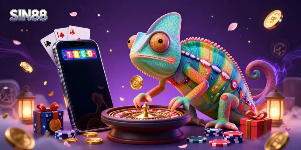 Experience thrilling games at SIN88 with a vibrant chameleon casino owner amidst excitement and golden coins.