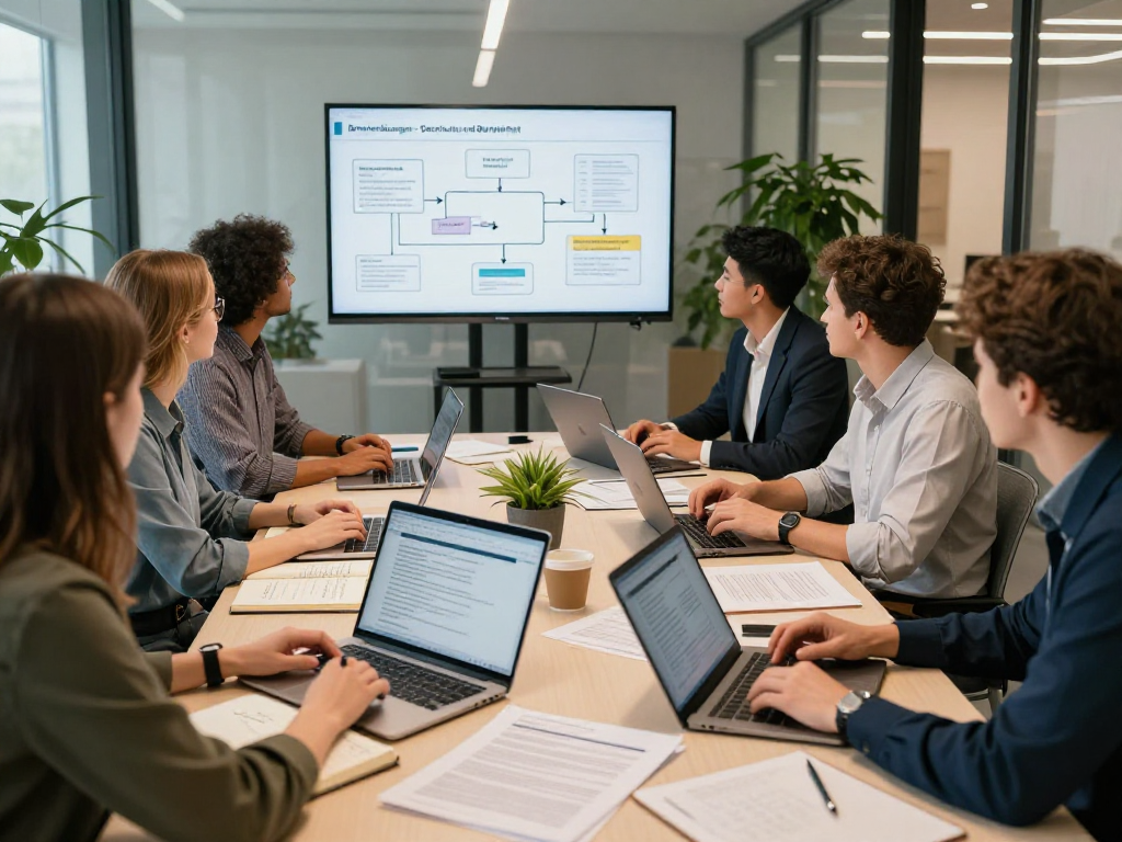 Consulting meeting focused on Branchenlösungen – Übersicht with diverse team discussing compliance and accessibility solutions.