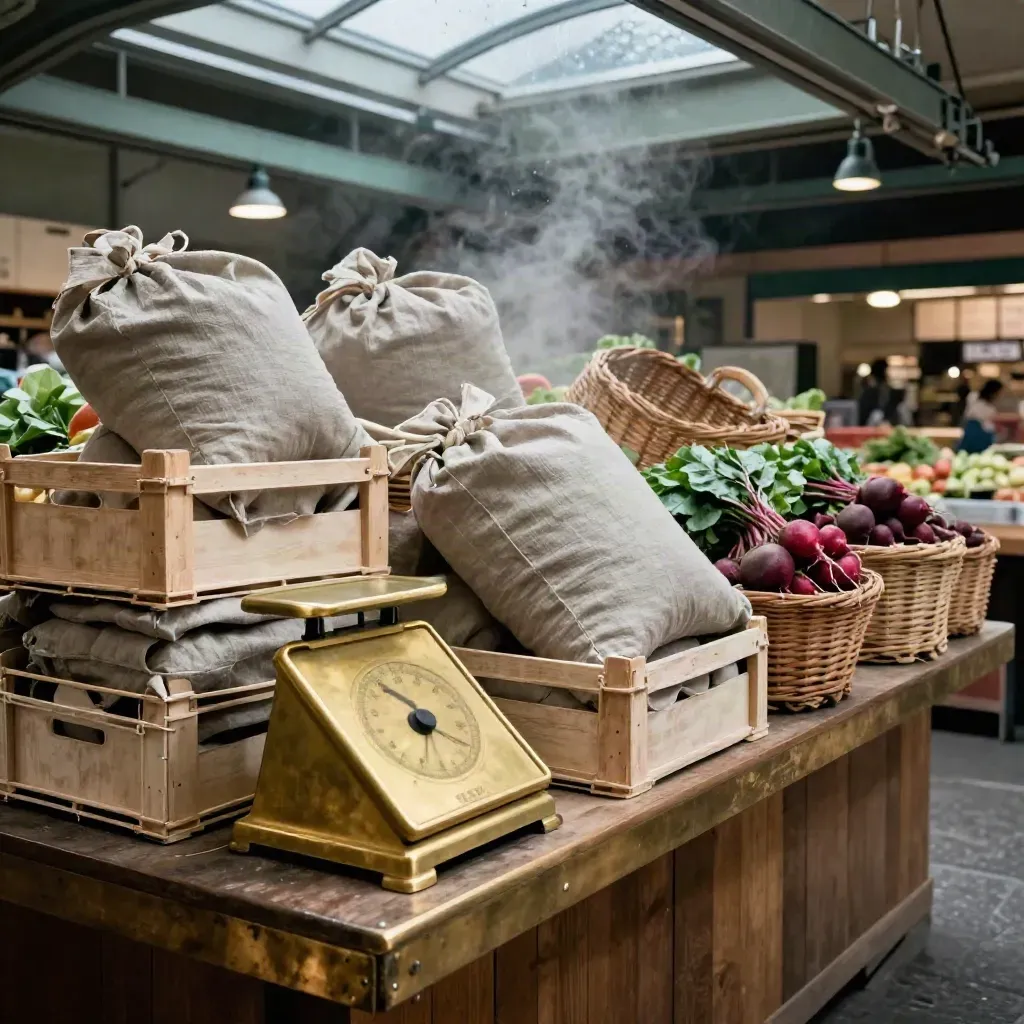 Großmarkttheke mit Messingwaagen, Kisten, Leinensäcken und Körben im Morgenlicht.