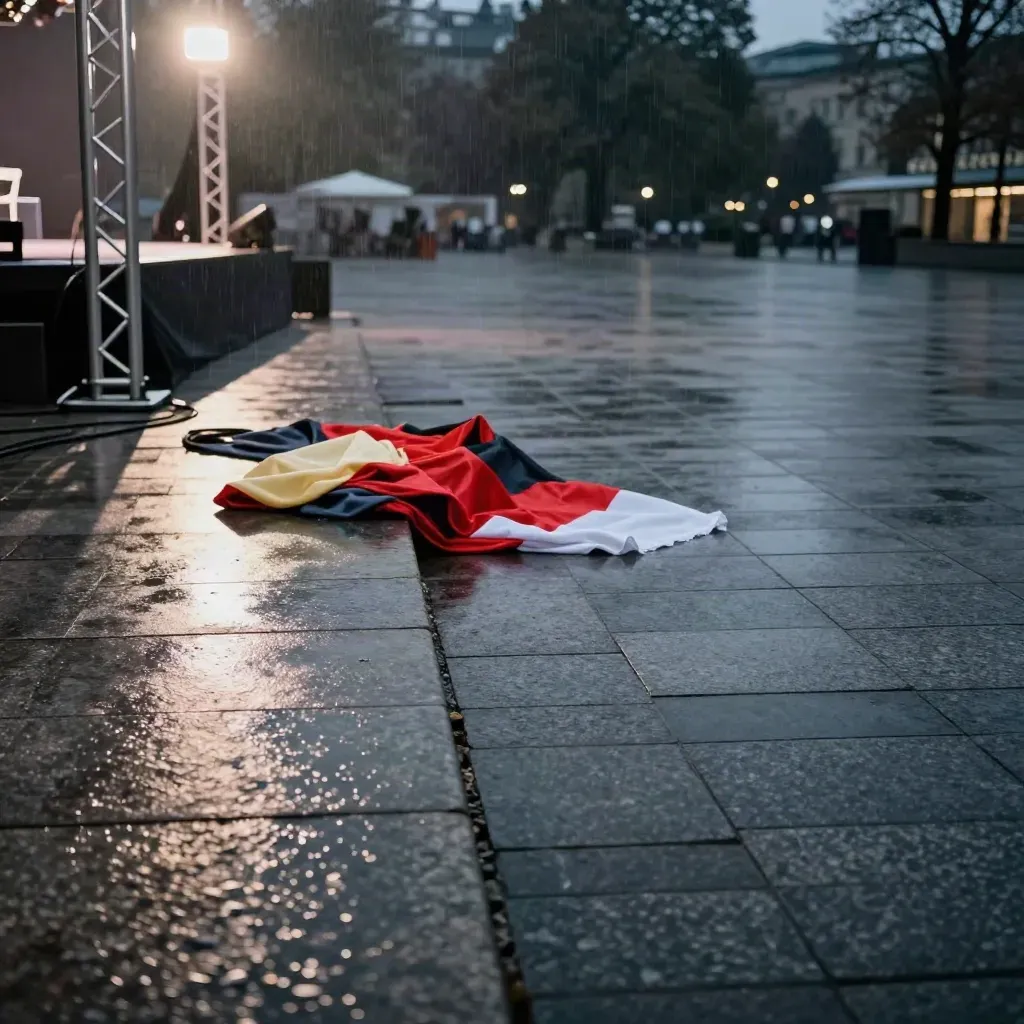 Leerer Berliner Wahlkampfsquare mit Bühne, nassen Steinen und aufleuchtenden Scheinwerfern