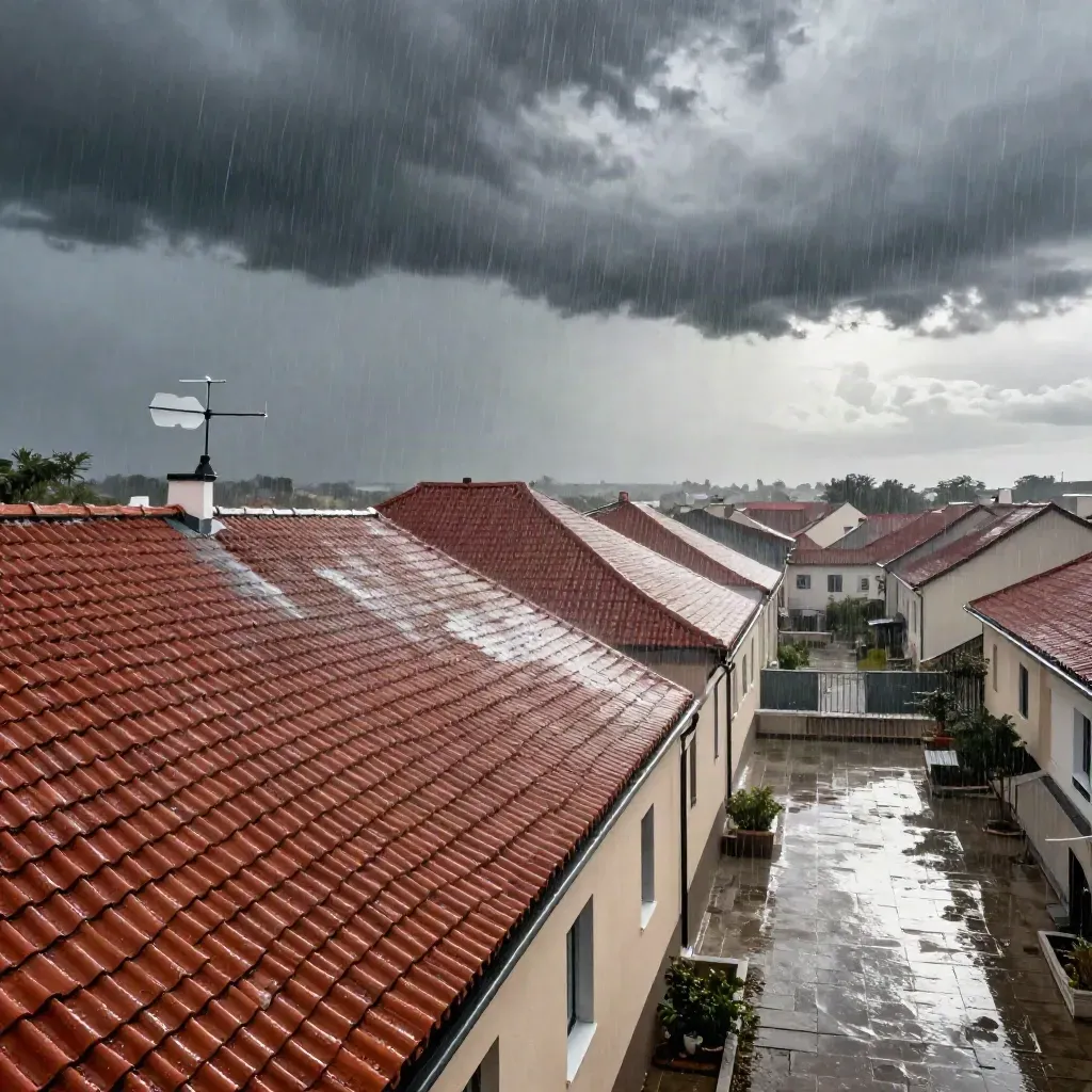 Regenfront über roten Dächern und nassem Pflaster in einer deutschen Stadt
