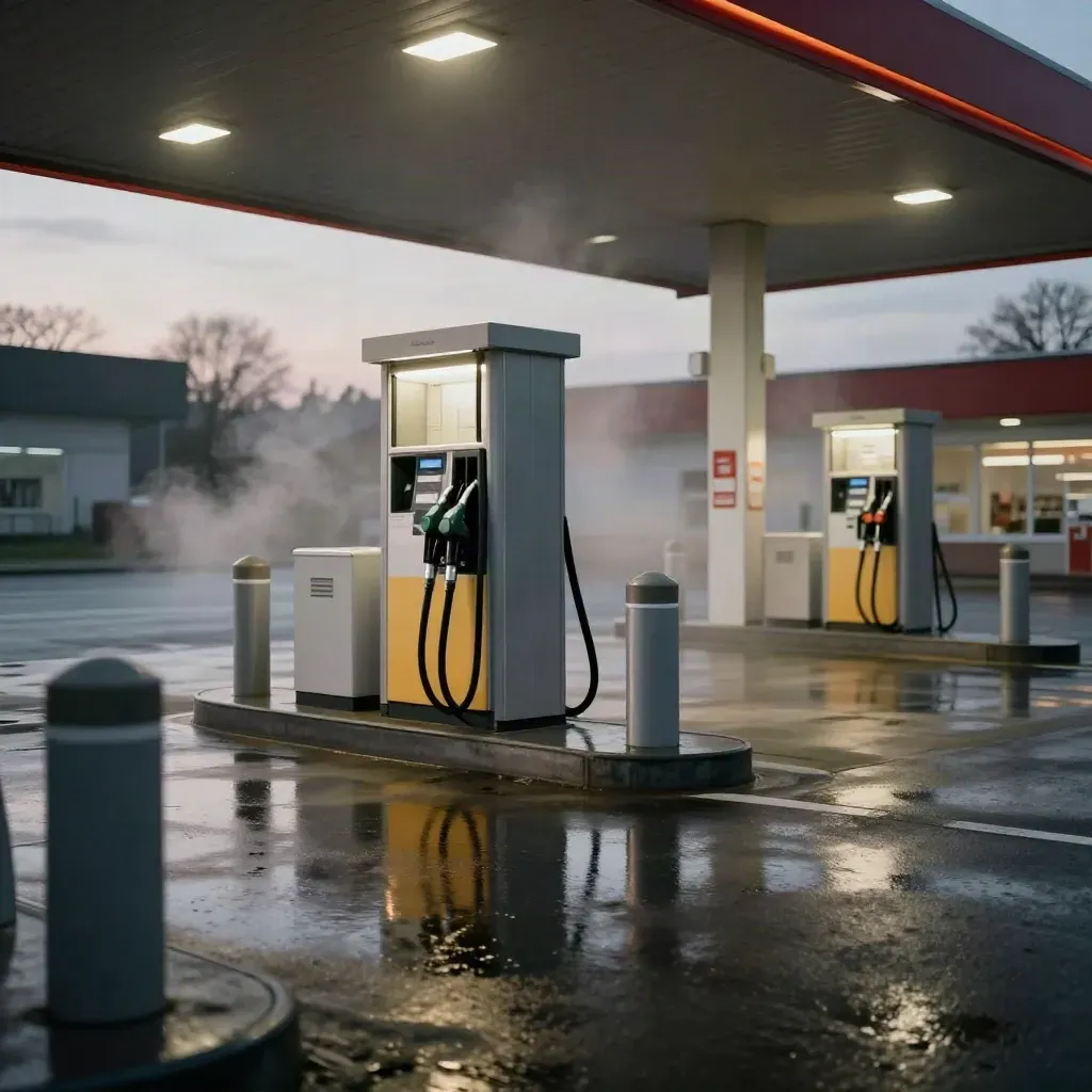 Abendliche Tankstelle mit Ladesäule, Zapfhahn und nassem Asphalt im Licht
