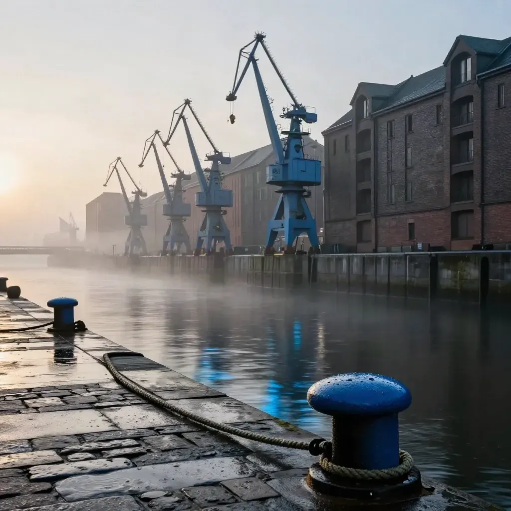 Morgendämmerung am Hamburger Hafen mit Kränen, Elbe-Nebel und Lagerhausfassaden.