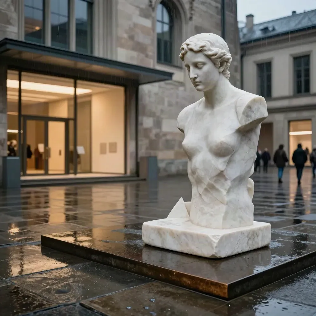 Nasser Museumsvorplatz in Köln mit Skulptur und warm erleuchtetem Theatereingang bei Nieselregen.
