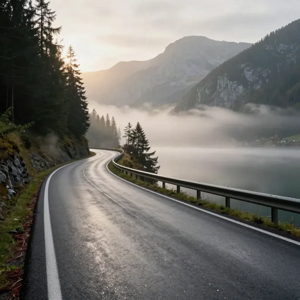 Nasse Alpenstraße am bayerischen See, Fichten und Gipfel im Morgennebel.
