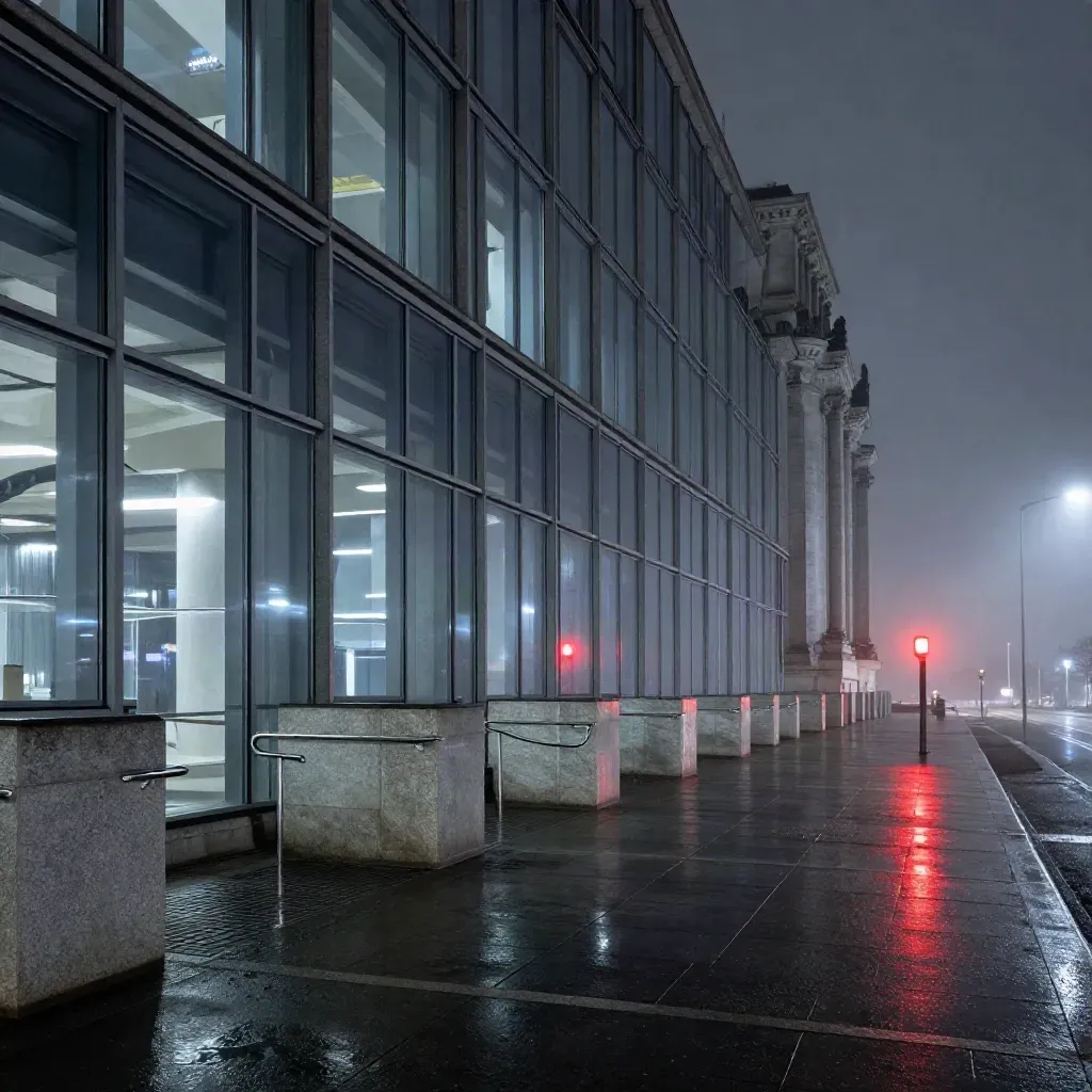 Nasser Radweg am Bundestagsviertel, Glasfassade und rotes Sicherheitslicht im Nebel
