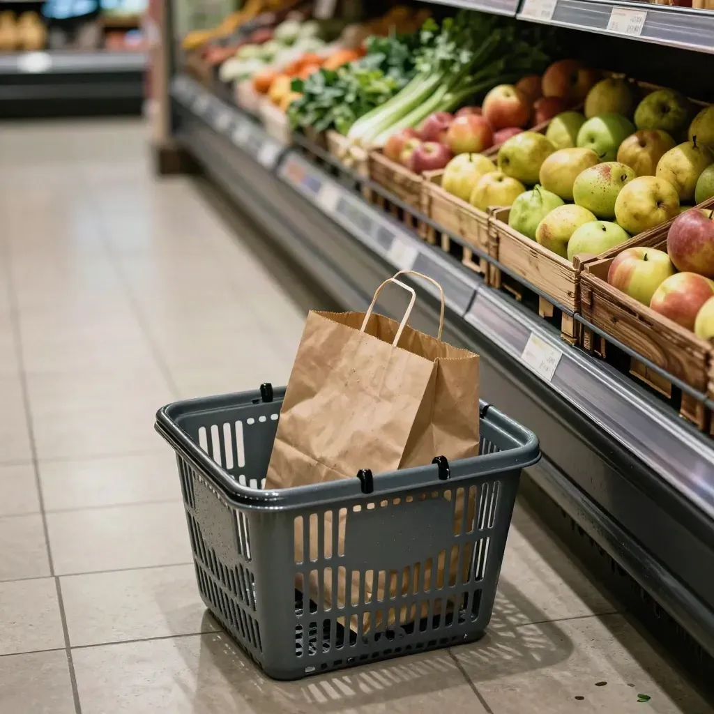 Leerer Supermarktgang mit Obstkisten, Einkaufskorb und Papiertüte am Abend.