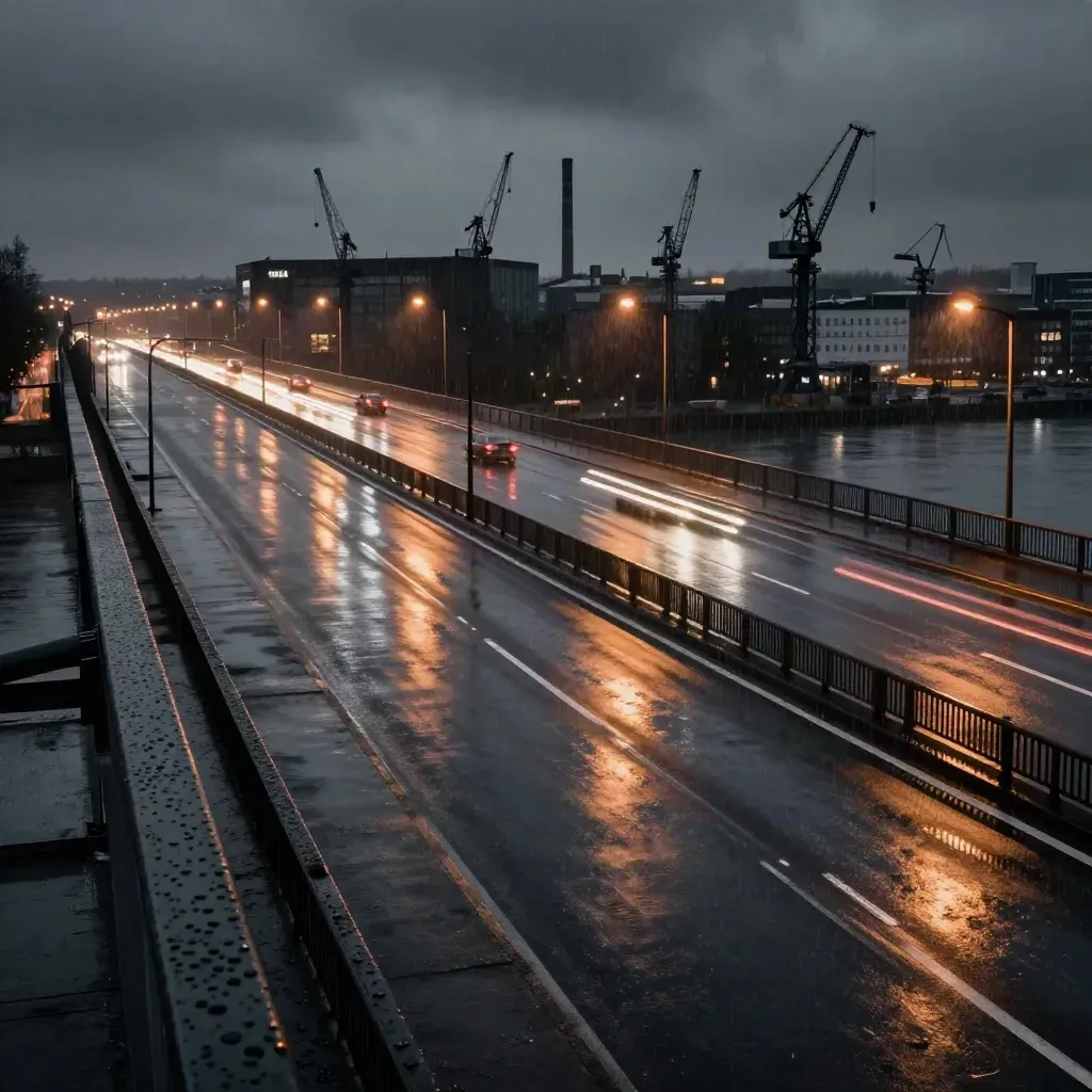 Nachtaufnahme einer nassen Brücke in NRW mit Lichtspuren und Industriesilhouetten.