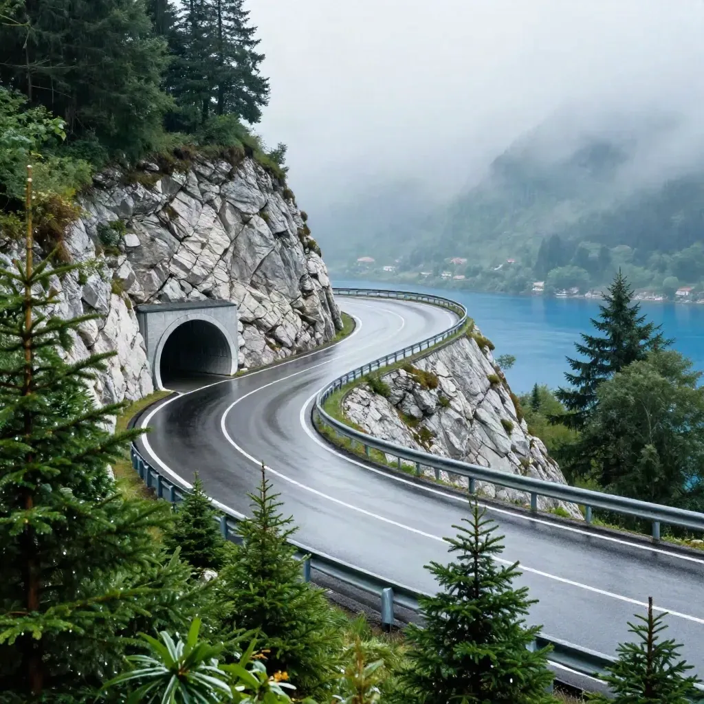 Nasse Bergstraße mit Tunnel, Fichten und See, nach dem Regen im klarer werdenden Licht