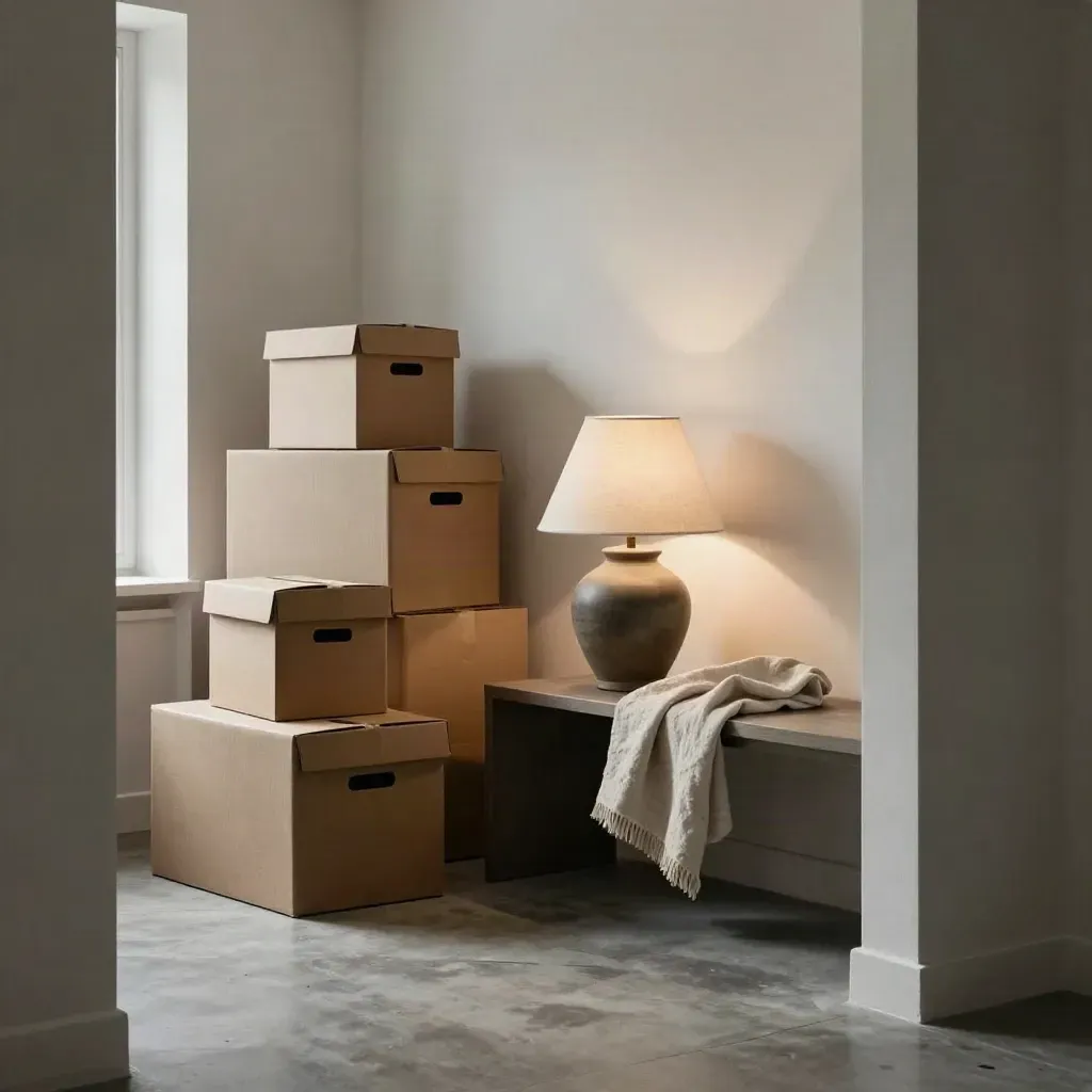 Abstellwinkel einer Wohnung mit Umzugskartons, Lampe und gefaltetem Leinendecken im Morgenlicht.