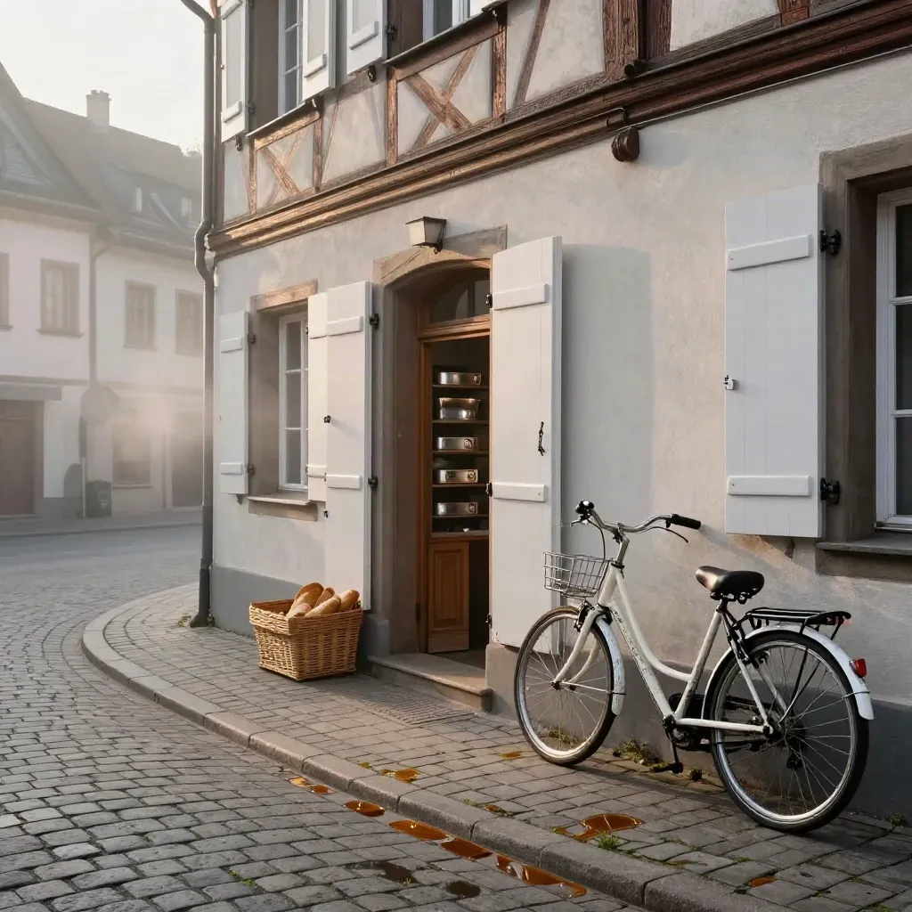 Dämmerung an einer deutschen Bäckerecke mit Fahrrädern, offenen Läden und warmen Backblechen.