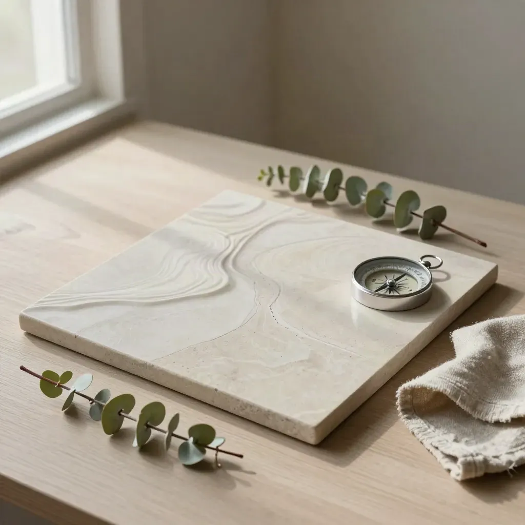 Topografische Steinfliese, Kompass, Eukalyptus und Leinen auf hellem Holz.