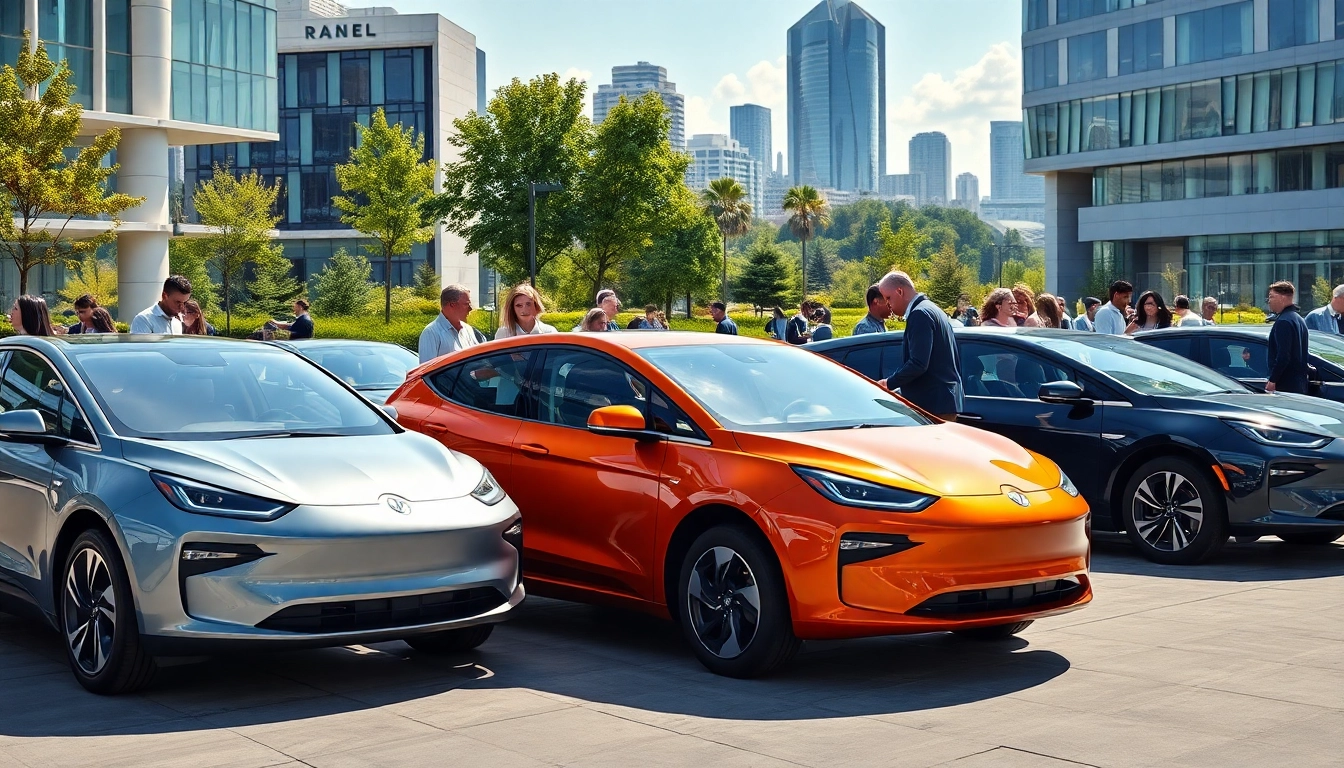 Elektroautos auf futuristischer urbaner Straße mit geschäftigem Verkehr und modernem Design.