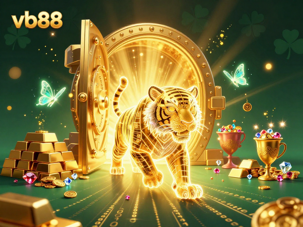 Experience the excitement of vb88 with a golden tiger in a vibrant casino scene filled with treasures.