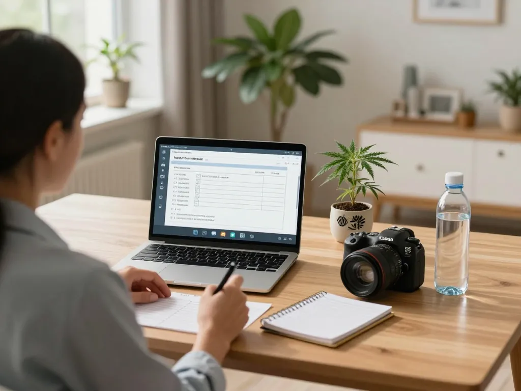 Patient diskutiert Online-Cannabis-Rezept während einer Telemedizinberatung mit einem Arzt in einem gemütlichen Homeoffice.