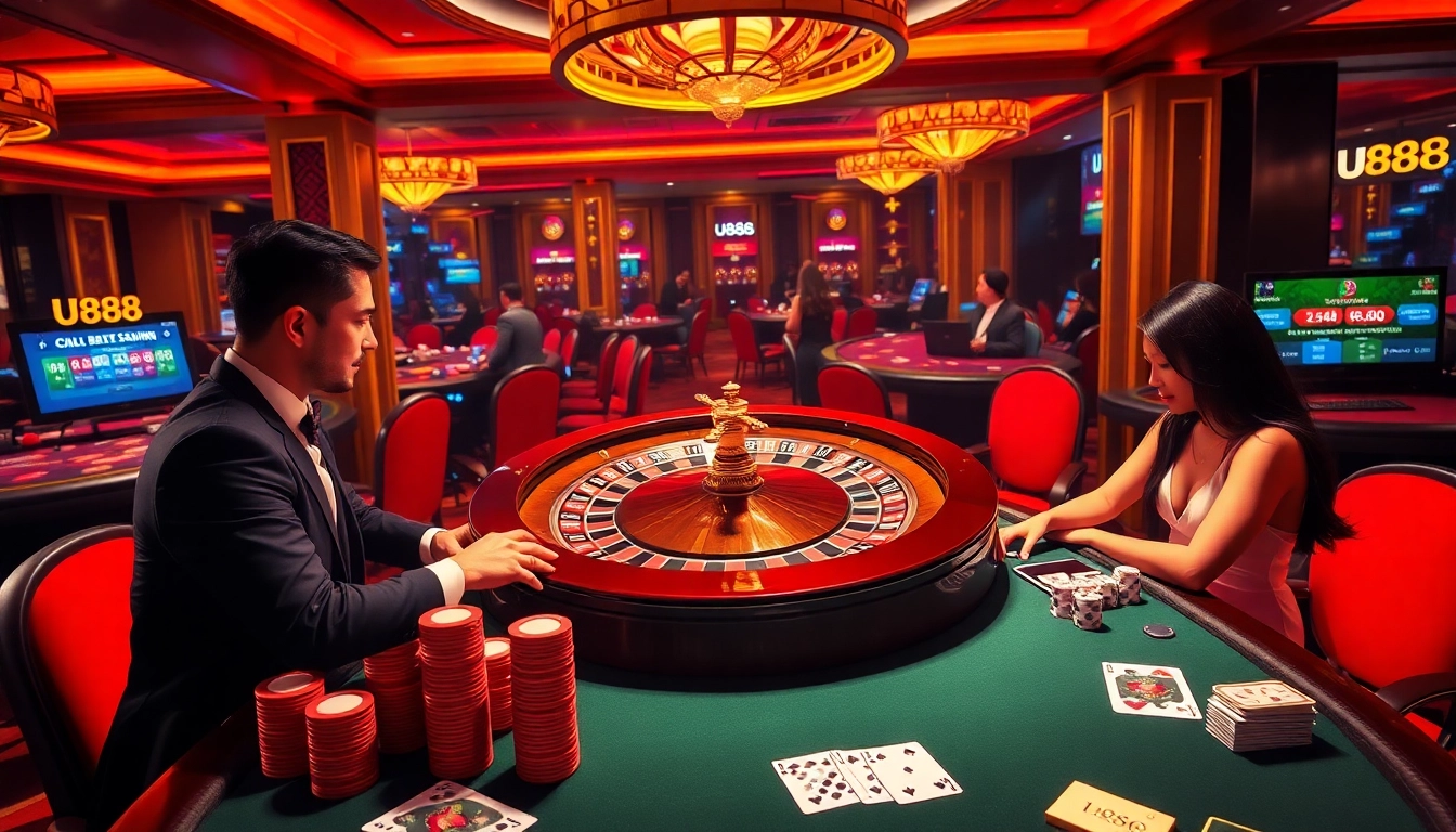 Experience the thrill of U888 casino with a vibrant roulette wheel and poker players in an upscale setting.