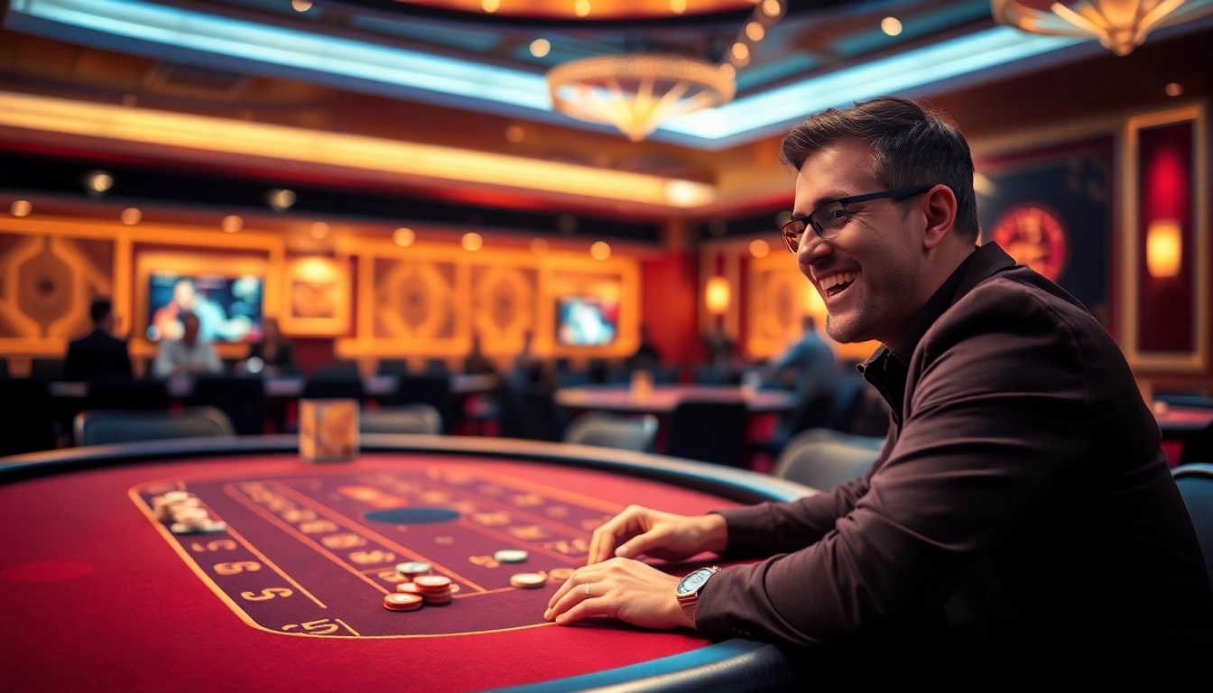 Genießen Sie einen Casino Bonus während eines aufregenden Spiels an einem Tisch voller Chips und Freude.