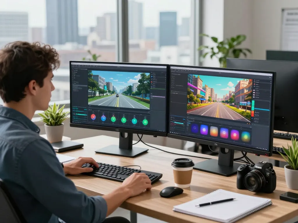 AI motion control software on dual monitors in a modern workspace.