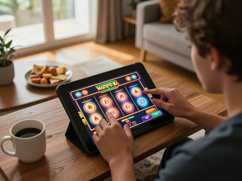 Player engaging in slot games on a tablet while enjoying a cozy gaming setup at home, highlighting tg 88 experience.