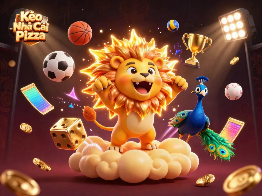 Engage with dynamic betting scenes featuring Kèo Nhà Cái Pizza, where sports elements and a roaring lion create excitement.