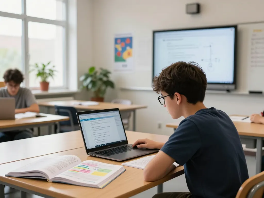 Fokussierter Schüler, der Hausaufgaben KI-Software zur Unterstützung bei den Hausaufgaben in einem modernen Klassenzimmer verwendet.