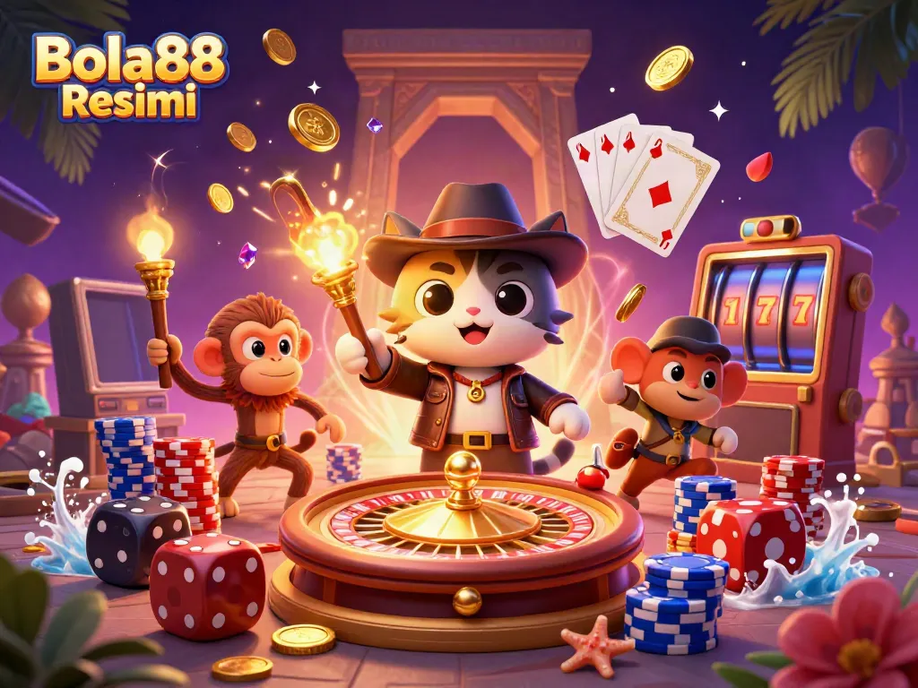 Experience thrilling wins and excitement at Bola88 Resmi with vibrant casino elements and energetic explorers.