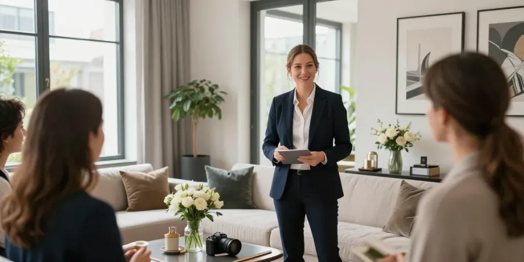 Bester Immobilienmakler Frankfurt bei der Präsentation hochwertiger Immobilien in freundlicher Atmosphäre.